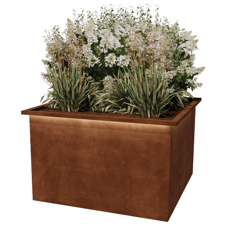 Keevitatud Corten-terasest lillekast Alabama koos LED-ga 120 x 120 x 80 cm