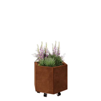 Corten terasest lillekast - Kuusnurk - 59,3 x 52 x 40 cm - Põhjalauaga - Ratastega