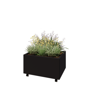 Terasest lillekast - Ristkülik - 80 x 60 x 40 cm - RAL9005 matt (must) - Põhjalauaga - Ratastega