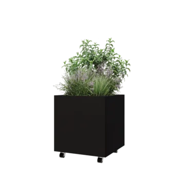 Terasest lillekast - Ruut - 60 x 60 x 60 cm - RAL9005 matt (must) - Põhjalauaga - Ratastega