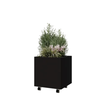Terasest lillekast - Ruut - 50 x 50 x 50 cm - RAL9005 matt (must) - Põhjalauaga - Ratastega